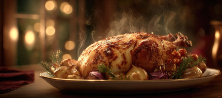 A close-up shot presents a roasted chicken on a plate, garnished with vegetables. The warm color palette and soft lighting create a cozy atmosphere. The dish, prepared in a traditional style, could be used for food-related projects, culinary articles, or restaurant promotions.の素材