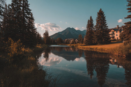 A tranquil landscape depicts a serene lake mirroring mountains and trees beneath a bright sky. The scene features lush greenery and buildings along the shore. The image showcases natural elements and could be used for various projects, including editorial or promotional material.の素材