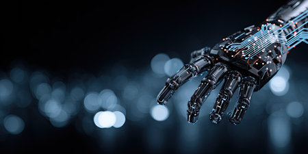 A close-up view presents a robotic hand with intricate circuit board components. The hand, composed of metallic elements, suggests advanced technology. A dark, blurred background provides contrast, with soft bokeh effects. This image could be suitable for illustrating themes related to technology, innovation, and futuristic concepts, useful for various commercial applications.の素材
