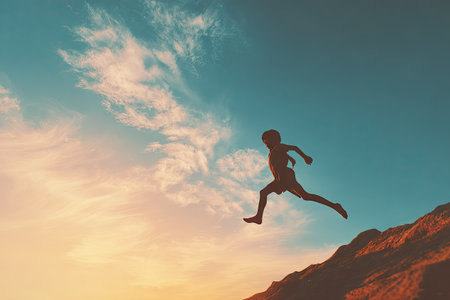 An image showcases a person's silhouette mid-jump against a backdrop of a vibrant sky. The composition emphasizes the contrast between the dark figure and the bright, cloudy sky. The lighting suggests daytime. This image is suitable for various editorial and commercial applications.の素材