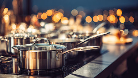 Close-up of numerous stainless steel cooking pots and pans arranged on a kitchen countertop. The composition features polished metal reflecting ambient light. The scene is illuminated by warm, blurred bokeh lights in the background. Suitable for commercial uses related to culinary themes and home cooking.の素材
