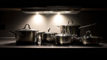 A collection of polished stainless steel pots and pans sit on a dark surface, potentially a stovetop. The cookware is illuminated by overhead lighting, creating highlights and shadows that emphasize the reflective surfaces. This setup could be used for culinary projects, cooking demonstrations, or commercial food photography.の素材
