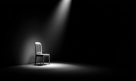 A lone chair stands illuminated by a dramatic spotlight in a darkened space. The image displays high contrast with stark shadows and bright highlights. The composition emphasizes simplicity and solitude. This visual could be used in design projects, advertising campaigns, or for conveying a sense of mystery.の素材