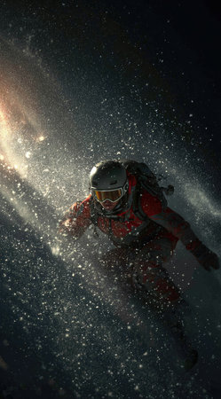 A skier in protective gear carves down a snow-covered mountain, captured in a dynamic composition. The scene features a mix of red and white, with prominent textures of snow and movement. Overhead lighting creates a dramatic effect. Suitable for various commercial and editorial applications.の素材