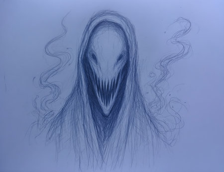 An illustration depicts a hooded figure with a gaping maw filled with sharp teeth. The artwork showcases pencil shading on a pale blue surface with wispy smoke-like forms. The style leans towards fantasy, with potential applications for book covers or creative editorial projects.の素材