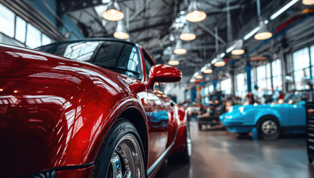 A close-up view presents a vibrant red sports car positioned inside a brightly lit workshop. The image showcases the vehicle's glossy finish and a partial view of its interior. The scene captures the essence of a modern automotive environment. Suitable for various applications, including promotional materials or conceptual visuals.の素材