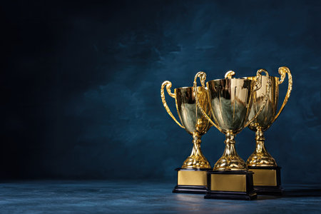 Three golden trophies stand prominently against a dark blue background. The objects exhibit a reflective surface and classical design. The composition is well-lit, highlighting the metallic texture, and is suitable for various applications related to achievement and recognition. The image may be used for editorial content or promotional materials.の素材