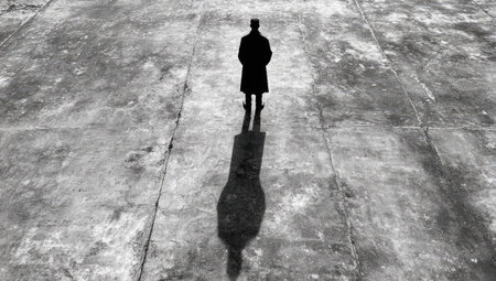 A silhouette of a person stands on a textured concrete surface, casting a long shadow. The monochrome image presents high contrast, with deep blacks and varying shades of gray. The composition is simple, emphasizing the figure's isolation. This image may be suitable for various commercial and editorial applications.の素材