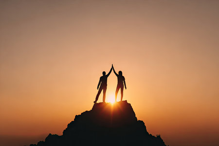Two individuals stand silhouetted against a radiant sunset, high-fiving atop a rocky peak. The image showcases a warm color palette with shades of orange and yellow, highlighting the achievement. The composition emphasizes the vast sky, suggesting a moment of victory or teamwork in an outdoor setting. This photograph is suitable for various commercial or editorial uses.の素材