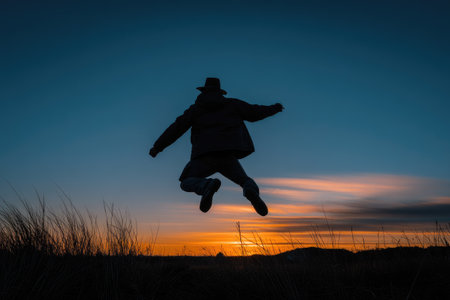 A silhouette of a person jumping is captured against a vibrant sunset. The composition features a dark figure set against a gradient of orange and blue. The scene is likely outdoors, possibly a field or open area. This image could be used for various commercial and editorial purposes.の素材
