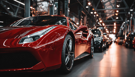 A vibrant red sports car dominates the foreground in a brightly lit showroom. The image highlights the vehicle's sleek design and glossy finish. Other cars are visible in the background, suggesting a dealership setting. Suitable for various automotive and commercial applications, this image offers a modern, appealing aesthetic.の素材