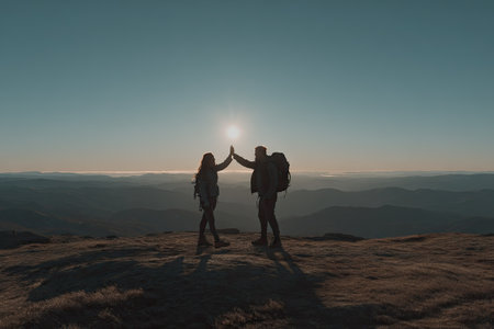 Two individuals stand atop a mountain, silhouetted against a bright sun and clear sky. Their arms are raised in a high-five gesture. The composition features a wide shot with a blurred landscape in the background, suggesting an outdoor environment. This image is suitable for various commercial uses related to achievement and teamwork.の素材