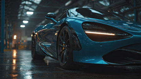 A vibrant blue sports car sits inside a large garage. The scene is illuminated by artificial lighting creating reflections on the wet floor. The vehicle presents smooth, curved surfaces and striking headlights. This image could be used for automotive advertising or editorial content, showcasing speed and design.の素材