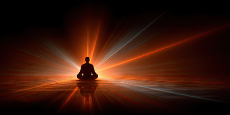 A silhouette of a person in a meditative pose is centered, illuminated by radiating lines of light. The composition features contrasting colors and a dark environment. This imagery is suitable for various projects related to spirituality, wellness, or artistic design, as well as editorial and commercial purposes.の素材
