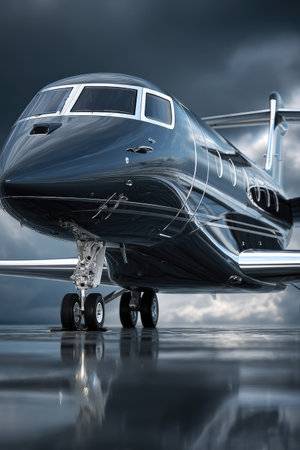 A close-up view presents a luxurious black private jet, reflecting on a wet surface. The aircraft's polished exterior contrasts with a dramatic, overcast sky, showcasing a modern design and advanced engineering. Suitable for illustrating travel, aviation, or high-end lifestyle concepts, the image offers versatility for various commercial applications.の素材