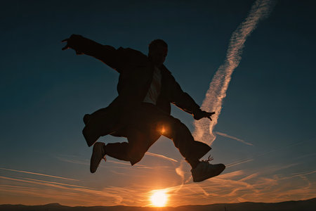 A dark silhouette depicts a person mid-air against a brilliant sunset. The composition features a dynamic pose with outstretched arms and legs. The vibrant colors of the sky, along with the atmospheric perspective, create a visually engaging scene. The image is suitable for various commercial uses, including advertising and editorial content.の素材