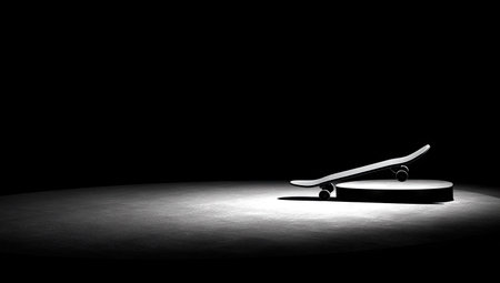 A skateboard rests on a small, circular platform illuminated by a focused spotlight. The image showcases a minimalist aesthetic with a monochromatic palette. The contrast between the illuminated object and the surrounding darkness creates a dramatic effect. This composition is suitable for various commercial and promotional purposes.の素材
