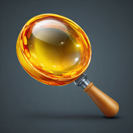 A close-up illustration depicts a luminous magnifying glass with a reflective surface. The image showcases warm, golden hues and soft shadows, suggestive of a light source from above. The composition is set against a dark, contrasting backdrop. Suitable for various design applications, potentially for business or informational materials.の素材