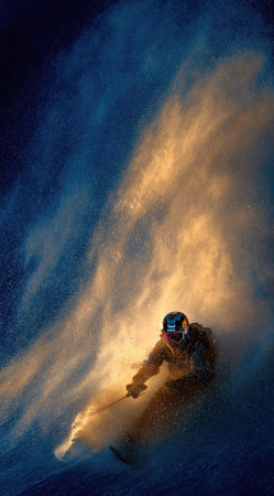 A skier descends a snowy slope, kicking up a cloud of snow, captured in an action shot. The image displays a dynamic composition, with textures of snow and a vibrant color palette. The skier is framed against the sky. This image is suited for sports, adventure, or winter-themed projects.の素材