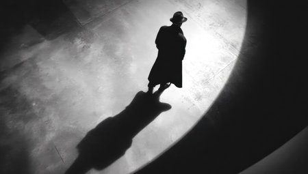 A silhouette of a person wearing a hat is cast against a bright background, creating a stark contrast. The image is in black and white, emphasizing shapes and light. The composition features strong diagonal lines and a high-contrast style. It suggests mystery and could be used for various design projects or editorial purposes.の素材