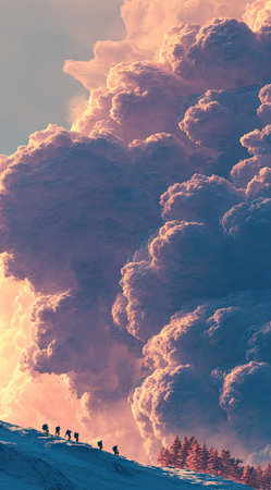 This image features a group of people on a snowy mountain with a large, dramatic cloud formation in the background. The composition uses silhouettes against a backdrop of pastel colors. This could be useful for projects related to travel, adventure, or illustrating concepts of exploration and scale. It may be suitable for various editorial or commercial purposes.の素材