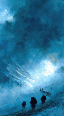 A group of figures trek upwards a snow-covered mountain, silhouetted against a vast, dynamic sky. The scene is dominated by cool blues and whites, with a sense of dramatic lighting and depth. Suitable for editorial and commercial applications requiring imagery of adventure and challenge.の素材
