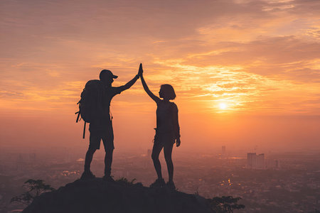 Two individuals stand silhouetted against a vibrant sunset, celebrating with a high-five. The warm, orange and yellow hues of the sky contrast with the dark silhouettes, creating a dramatic composition. The image suggests concepts of success, partnership, and goals. It is potentially suitable for commercial and editorial applications.の素材