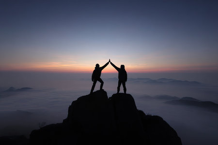 Two figures stand atop a rocky summit, silhouetted against a twilight sky with soft, diffused light. The composition features a high angle perspective, emphasizing the vast landscape and dramatic colors of the setting sun. Suitable for concepts of achievement, teamwork, or outdoor adventure, and editorial or commercial applications.の素材