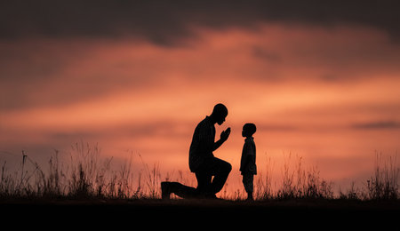 A silhouette depicts a father kneeling beside a child against a vibrant sunset. The image displays a dark contrast, highlighting the figures and grassy foreground. The warm hues of the sky suggest an outdoor setting. This image is suitable for various commercial purposes, including illustrations and editorial content.の素材