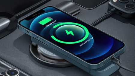 A smartphone rests on a wireless charging pad, displaying a charging animation. The image showcases the device with a glossy screen and a vibrant charging indicator against a dark background. The scene emphasizes modern technology and power transfer. Suitable for illustrating technological advancements and related editorial content.の素材