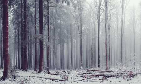 A tranquil winter forest scene presents tall, bare trees blanketed in snow. The composition showcases a soft, diffused light, possibly suggesting an overcast day. This image evokes a sense of cold, stillness, and natural beauty. Suitable for various editorial and commercial projects, illustrating themes of nature and seasons.の素材