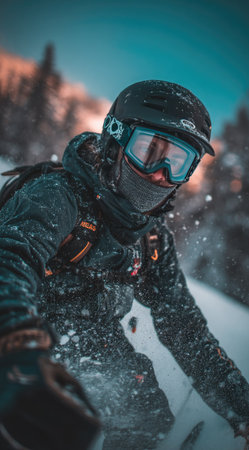 A person is captured in motion while snowboarding down a snow-covered slope. The image showcases the individual wearing a helmet, goggles, and winter attire. The composition emphasizes a dynamic perspective with the surrounding snow. Suitable for illustrating winter sports, leisure activities, or adventure themes. It could be used in editorial or commercial applications.の素材