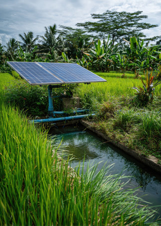 A solar panel is positioned above an irrigation system in a verdant field. The image showcases a sunny day with natural lighting. The scene highlights the panel, water channel, and surrounding vegetation. This visual would be appropriate for content about renewable energy, sustainable practices, and environmental conservation.の素材