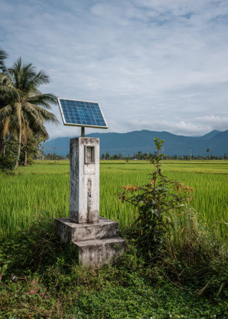 A solar panel is mounted on a concrete structure in a green field. The image showcases the technology's integration with the natural environment. The composition has an outdoor setting, with a backdrop of a cloudy sky and distant hills. This photo is suitable for various commercial uses, including environmental and technological contexts.の素材