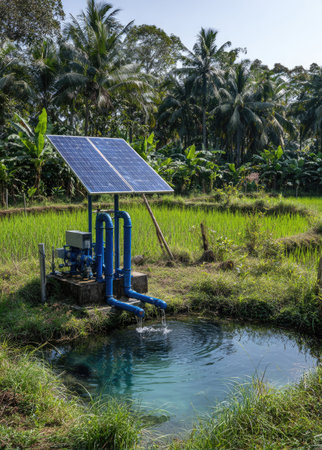 A solar-powered water pump system is installed near a pond, providing water to a surrounding agricultural field. The scene is dominated by vibrant green vegetation and blue water, illuminated by natural sunlight. This imagery is suitable for illustrating sustainable energy, agriculture, and environmental concepts in a commercial context.の素材