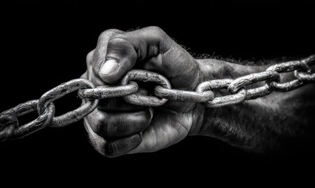 A close-up image captures a hand firmly gripping a chain. The monochrome composition highlights the textures and forms, with detailed shadows and highlights. The hand, chain, and background create a stark contrast. Suitable for editorial and commercial use, this image evokes concepts of strength and control.の素材