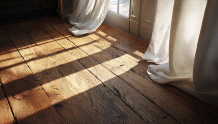 Sunlight illuminates a wooden floor, casting shadows through sheer white curtains. The composition highlights the textures of the wood and fabric. Natural light creates a warm ambiance. Suitable for a variety of projects, this image could be used for illustrating interior design or general lifestyle content.の素材