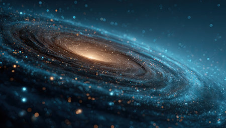 An illustration depicts a vibrant spiral galaxy. The artwork showcases swirling arms of blue and golden hues, with a central bright core. Abundant small points of light are scattered throughout the composition. It is a visually engaging piece that could be suitable for various commercial or editorial applications.の素材