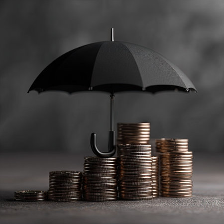 An image shows stacked coins sheltered by a black umbrella, representing financial protection. The composition uses a dark, monochromatic palette. The textures of the coins contrast with the umbrella. This image could be used in various commercial or editorial contexts related to finance or security.の素材