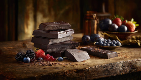 A stack of dark chocolate bars sits on a weathered wooden table, accompanied by an assortment of fresh berries. The scene features warm lighting and a natural, rustic style, creating an inviting composition. This image could be used for culinary, food-related, or lifestyle projects.の素材
