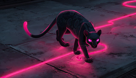A panther, rendered in a modern artistic style, walks along a glowing pink line. The image features high-contrast lighting, with the panther's form accentuated by neon accents. The scene evokes a futuristic or stylized environment. Suitable for commercial projects requiring visually striking design elements.の素材