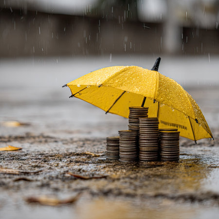 An overhead shot shows a yellow umbrella sheltering stacks of coins from falling rain. The image displays a close-up with a shallow depth of field, highlighting the coins and umbrella against a blurred background. The scene suggests financial security and protection, suitable for various business and editorial purposes.の素材