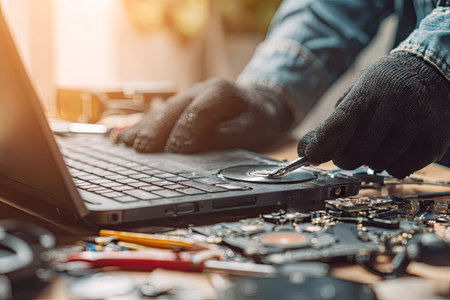 A person wearing work gloves is meticulously repairing a laptop computer. The image displays components, with a focus on a disk drive and circuit boards. The composition uses warm lighting to illuminate the elements, and it appears to be shot indoors. Suitable for technology, repair, and electronics-related concepts.の素材