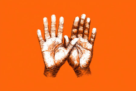 Two hands with detailed textures are displayed against a solid orange backdrop. The illustration uses an artistic style, emphasizing lines and shading. The composition highlights the hands' open palms, conveying a sense of offering or communication. Suitable for various design applications, potentially for conceptual or symbolic representation.の素材