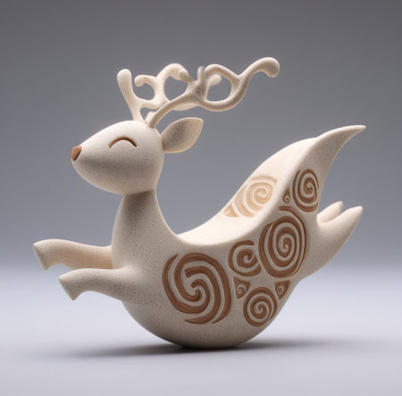 A cream-colored deer figurine is depicted in mid-leap, showcasing intricate patterns on its body and elegant, stylized antlers. The smooth texture contrasts with the detailed, swirling designs, creating visual interest. The lighting appears soft, suggesting an indoor studio setting. This image is suitable for various commercial uses, including decorative design or artistic projects.の素材