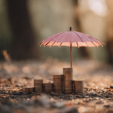 A close-up photograph displays stacks of coins sheltered beneath a small umbrella. The scene features a shallow depth of field, with soft, natural lighting. The composition suggests an outdoor environment, possibly a forest, with a blurred background. This image could be suitable for illustrating concepts like investment or financial protection.の素材