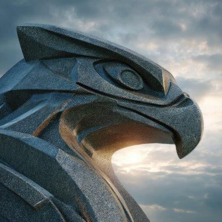 A close-up view of a stone eagle sculpture stands against a cloudy sky. The sculpture's textured surface is detailed. The composition features dramatic lighting. This image is suitable for various commercial uses, including artistic designs and promotional materials. The serene setting adds visual appeal.の素材