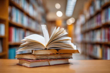 An open book rests atop a stack of several others in a library. The pages are bright, contrasting against the aged paper of the books. Bookshelves in the background are out of focus. This image could be used in editorial content or commercial projects involving education, reading, or literature.の素材