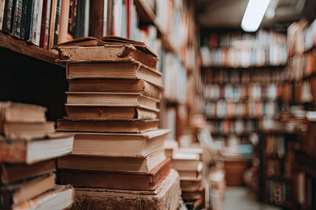 A collection of vintage books are stacked on a shelf, showcasing aged paper and textured covers. The warm lighting illuminates the scene, highlighting the detailed spines and edges. The composition emphasizes depth, with a blurred background suggesting a library setting. Suitable for educational and editorial applications.の素材