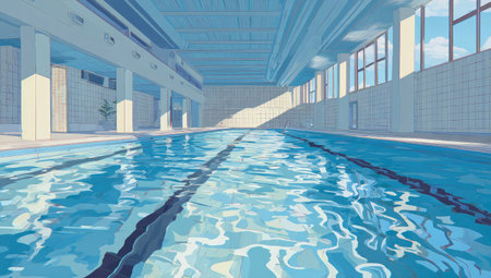 An indoor swimming pool is depicted with clear, blue water reflecting the overhead lighting. The composition features clean lines, highlighting architectural details and the water's surface. The image exhibits a cool color palette with soft light, suitable for various editorial and commercial applications.の素材